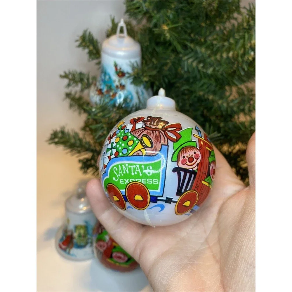 Vintage Christmas Tree Ornament Santa Express Train Elves Sleigh Deer Ball Bell